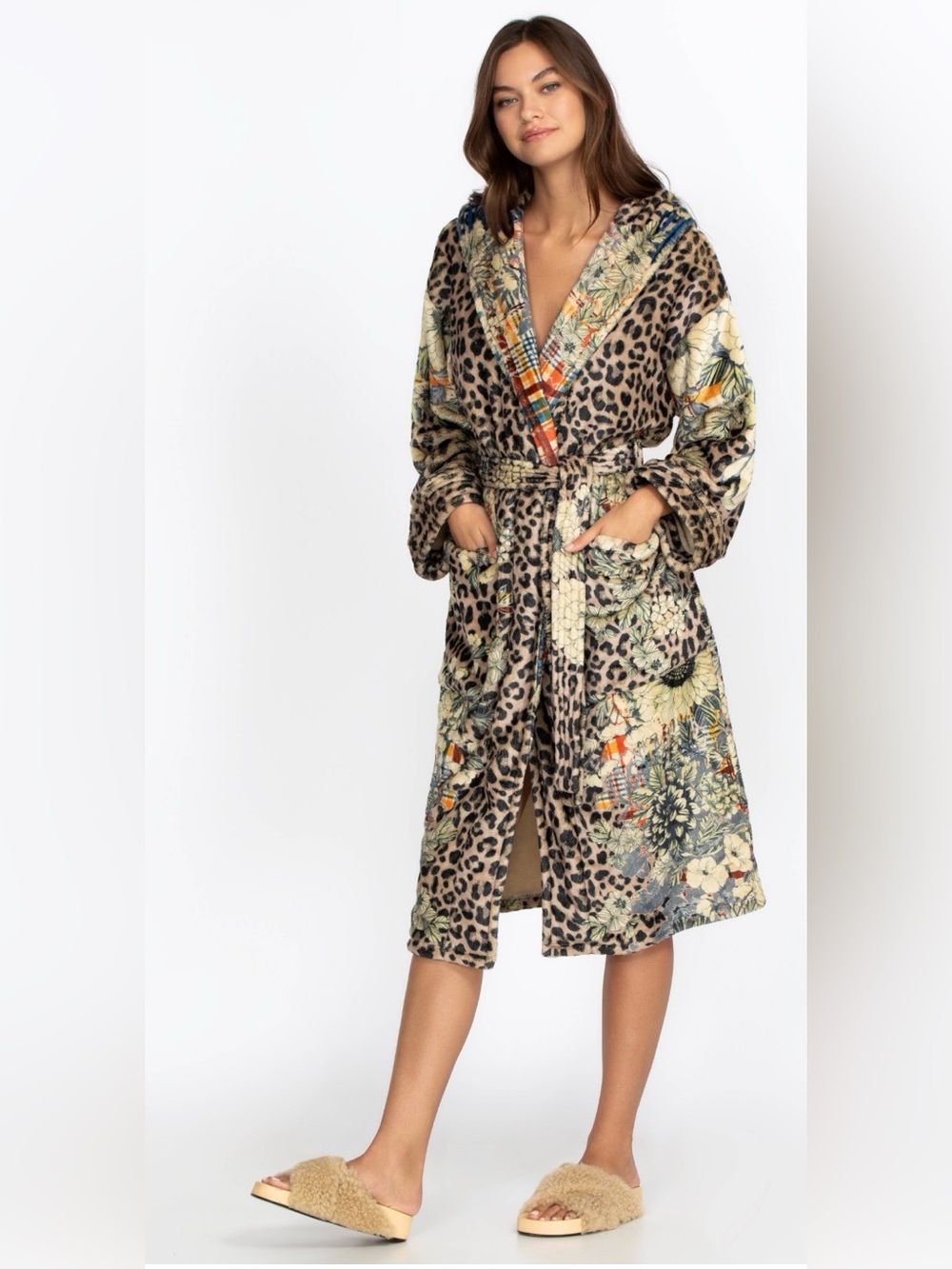 Johnny Was Milly Hooded Leopard Print Cozy Robe Belted Floral Fuzzy S / M